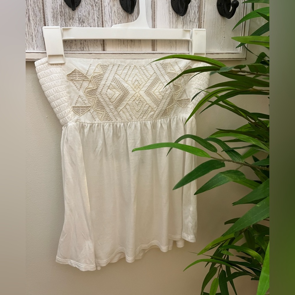 American Eagle Outfitters White Strapless, Tie Back, Beaded Babydoll Top, Size S